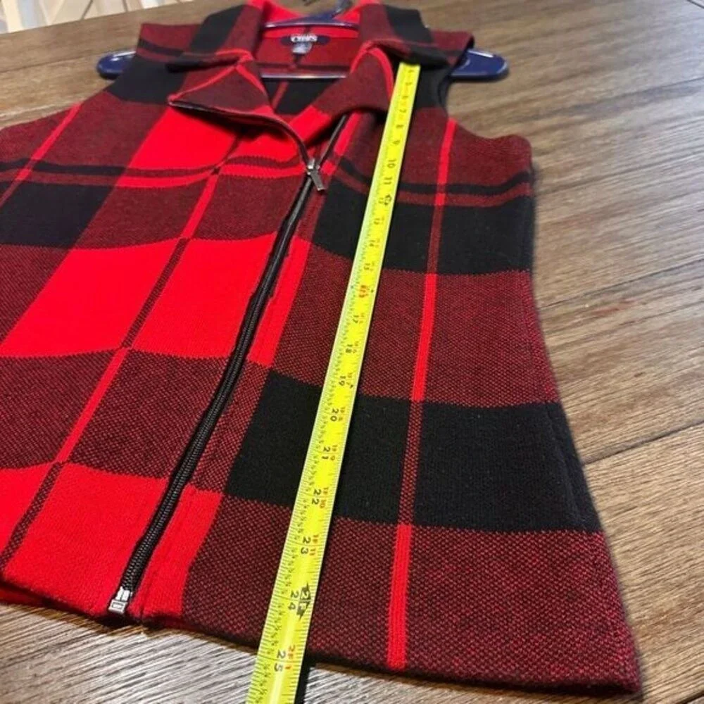 Chaps Red Black Buffalo Plaid Zip Front Sweater Vest Sleeveless Winter Womens  M